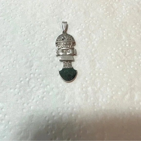 Vintage Peruvian Sterling Silver Turquoise Tumi God Pendant - Picture 2 of 5